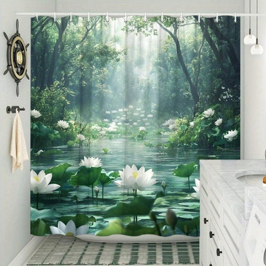 Interior Design Zen - Cortina de chuveiro Lotus Forest, poliéster,